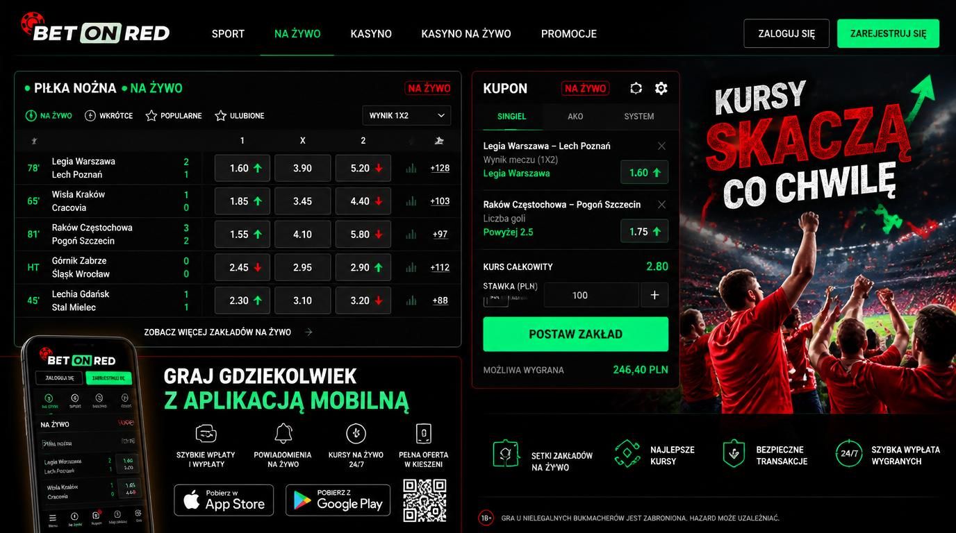 Interfejs zakładów na żywo z BetOnRed z kursami i akcją meczową