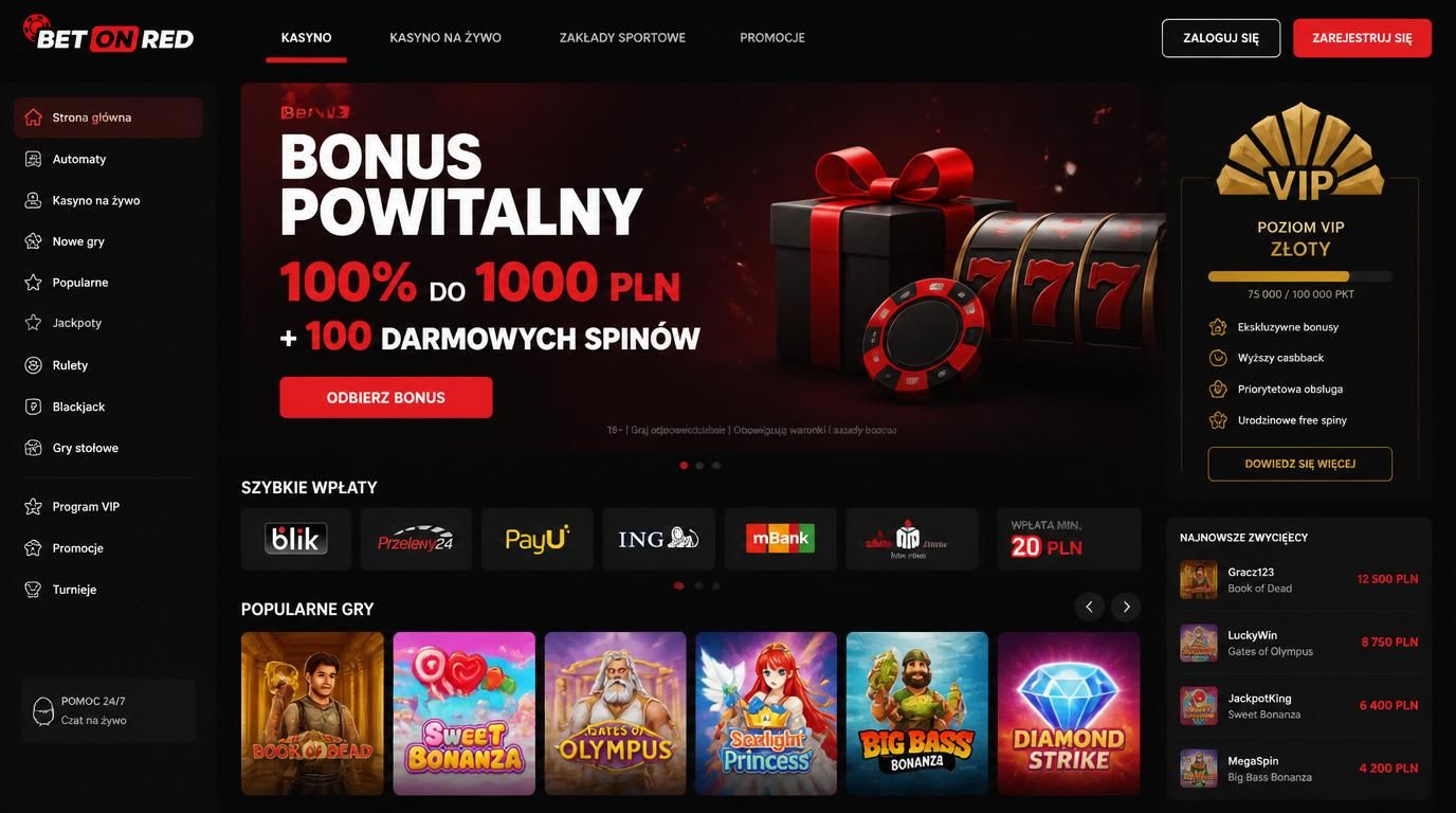 Interfejs kasyna z ofertą powitalną 100% do 1000 PLN + 100 darmowych spinów