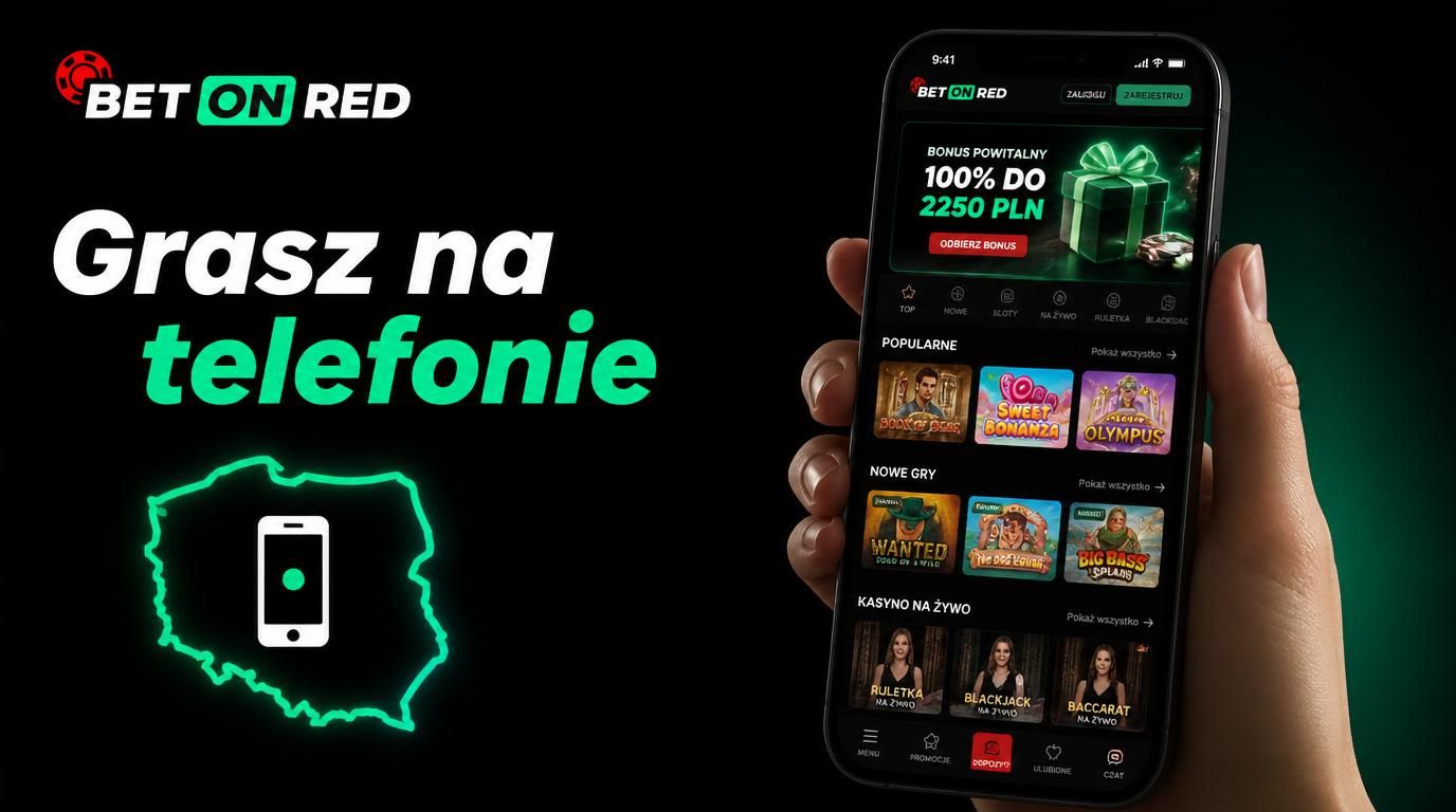 Smartfon z wyświetlonym lobby kasyna i mapą Polski, użytkownik gra mobilnie
