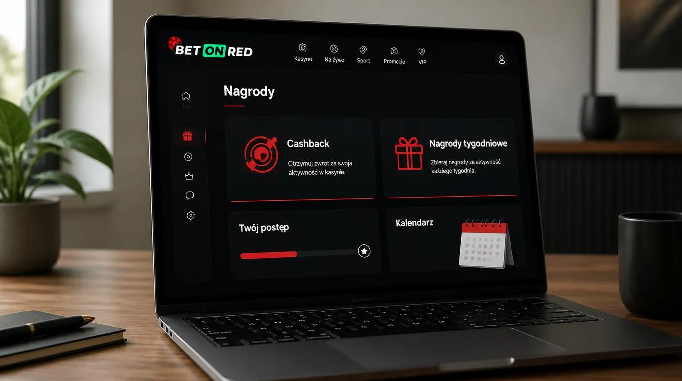 Panel kasyna z kartami cashbacku i nagród tygodniowych oraz paskiem postępu gracza