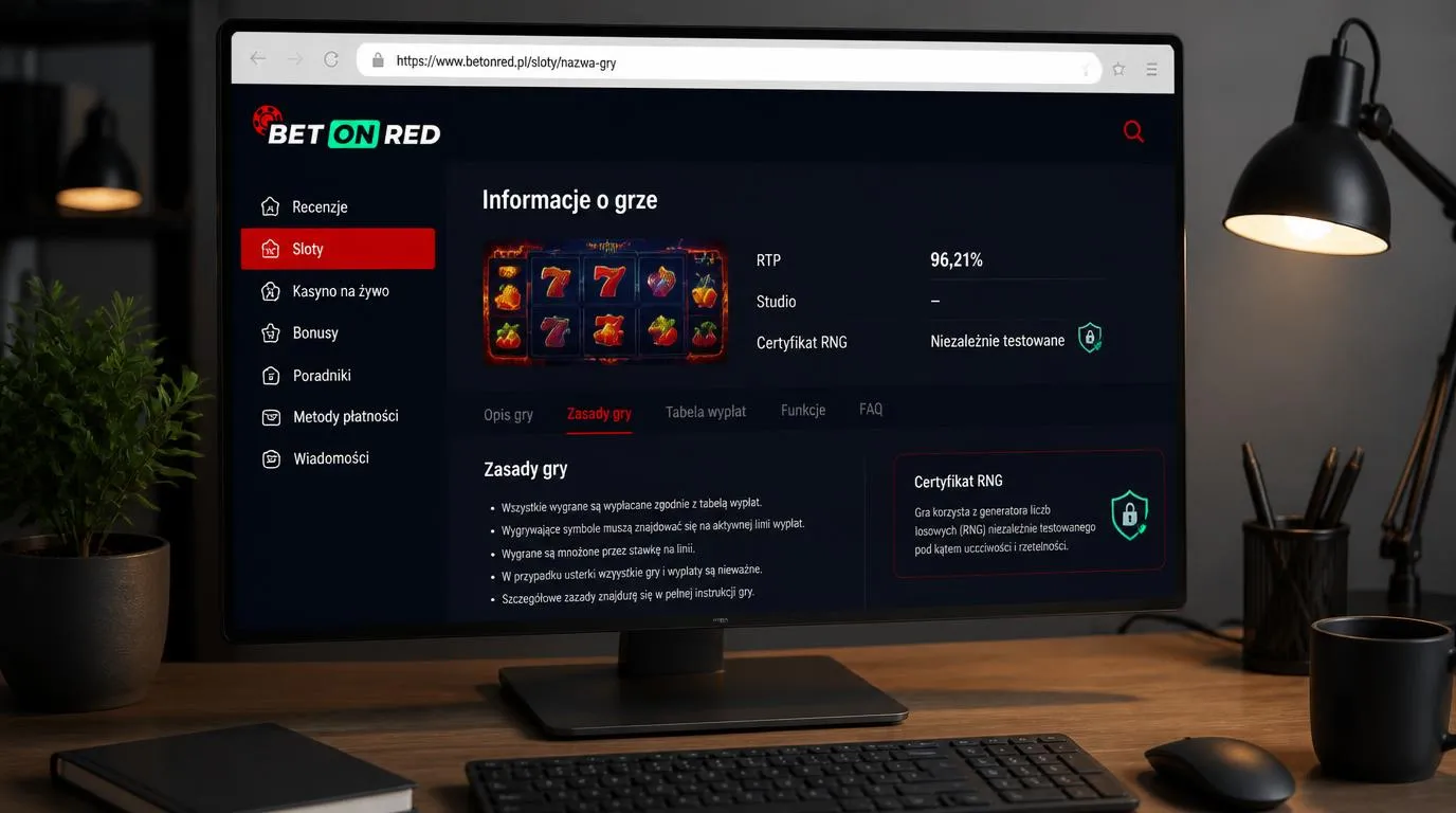 Ekran gry kasynowej z widocznymi zasadami, informacją o RTP i symbolem audytu RNG